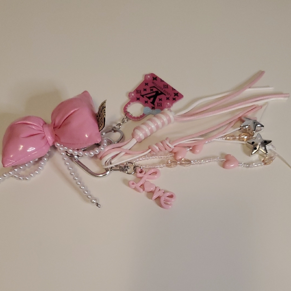 Fashion Pink Bow and Charm Keychain Bag Accessory